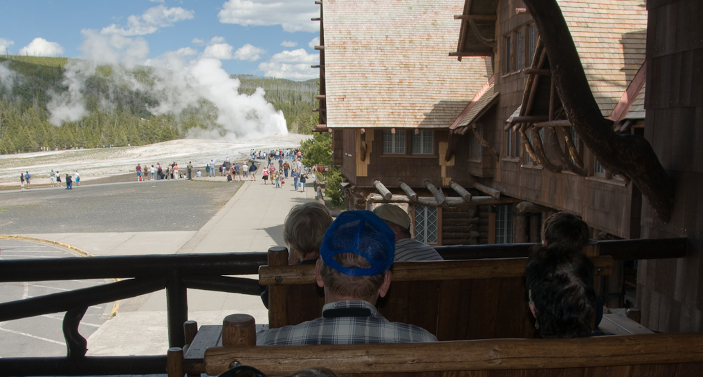 View of Old Faithful Geyser from Old Faithful Inn   Upper Geyser Basin, Yellowstone National Park
