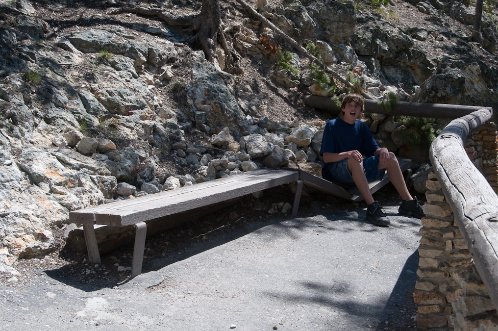Oops - Brad Breaks the Bench   Brink of the Lower Falls, Yellowstone National Park