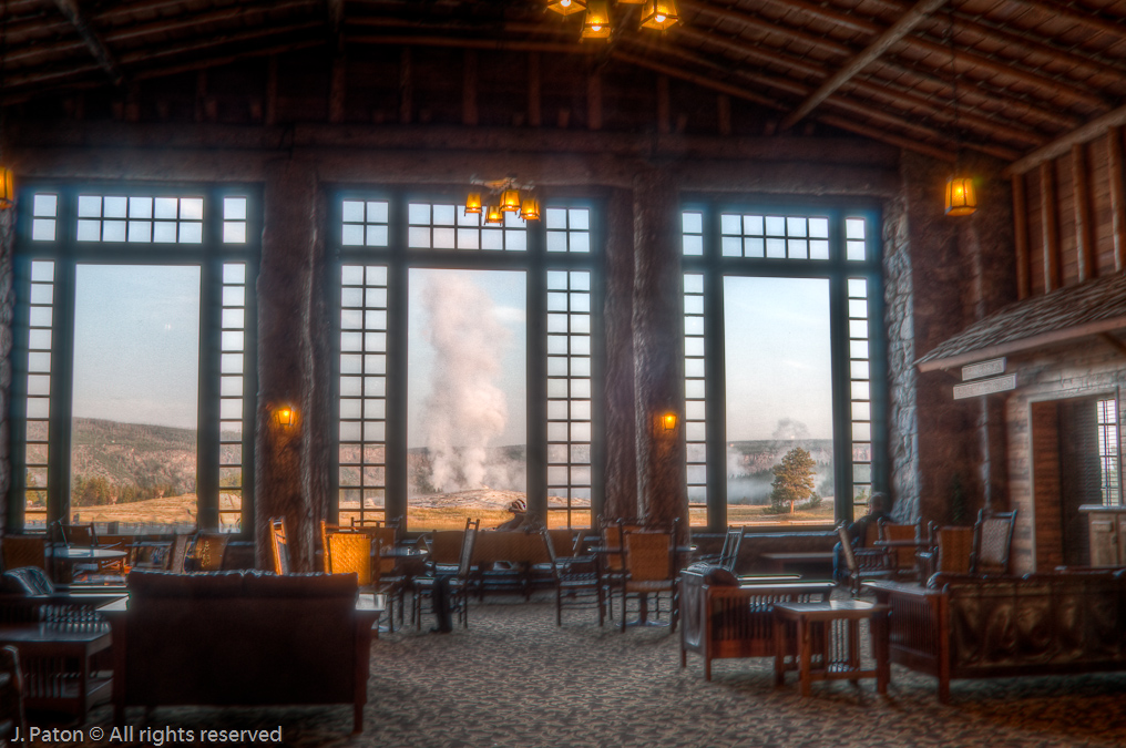 Old Faithful From Inside Old Faithful Lodge   Old Faithful Lodge, Upper Geyser