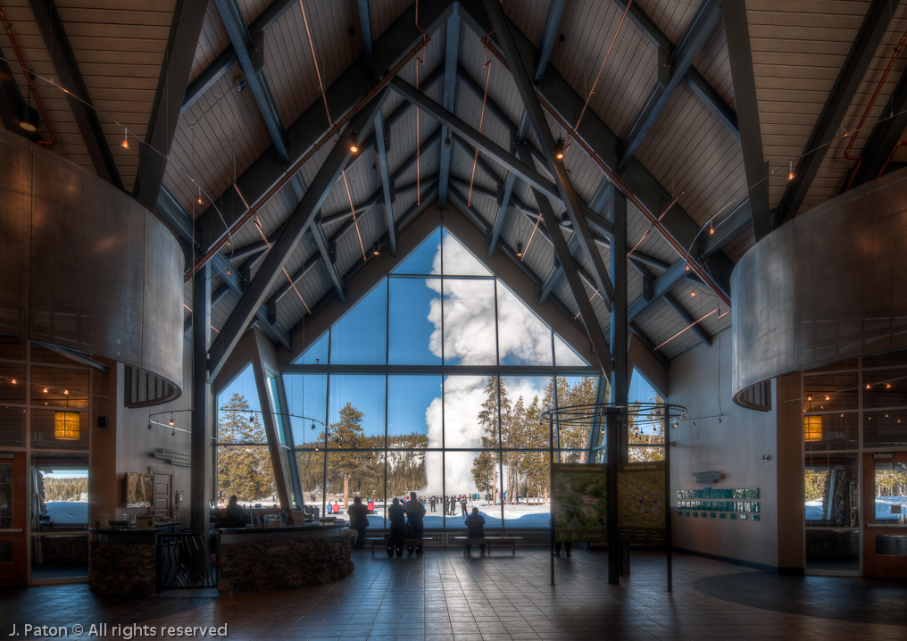 Old Faithful Eruption from Inside the new Visitor Education Center    Upper Geyser Basin, Yellowstone National Park, Wyoming